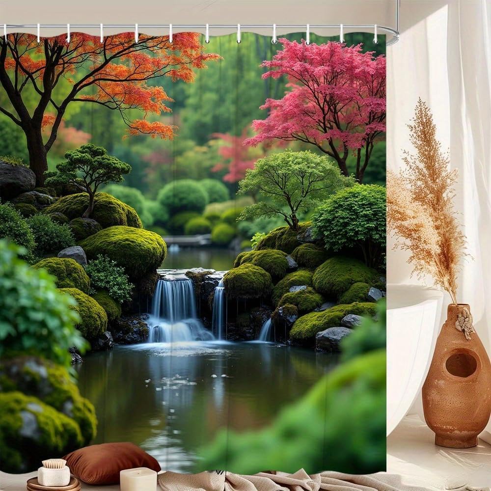 GLKSDLPO Luxurious Zen Japanese Garden Shower Curtain Waterfall Nature Print Bathroom Decor Moss Sakura Design Aesthetic Curtain(70x140cm/28x55in(WxH)