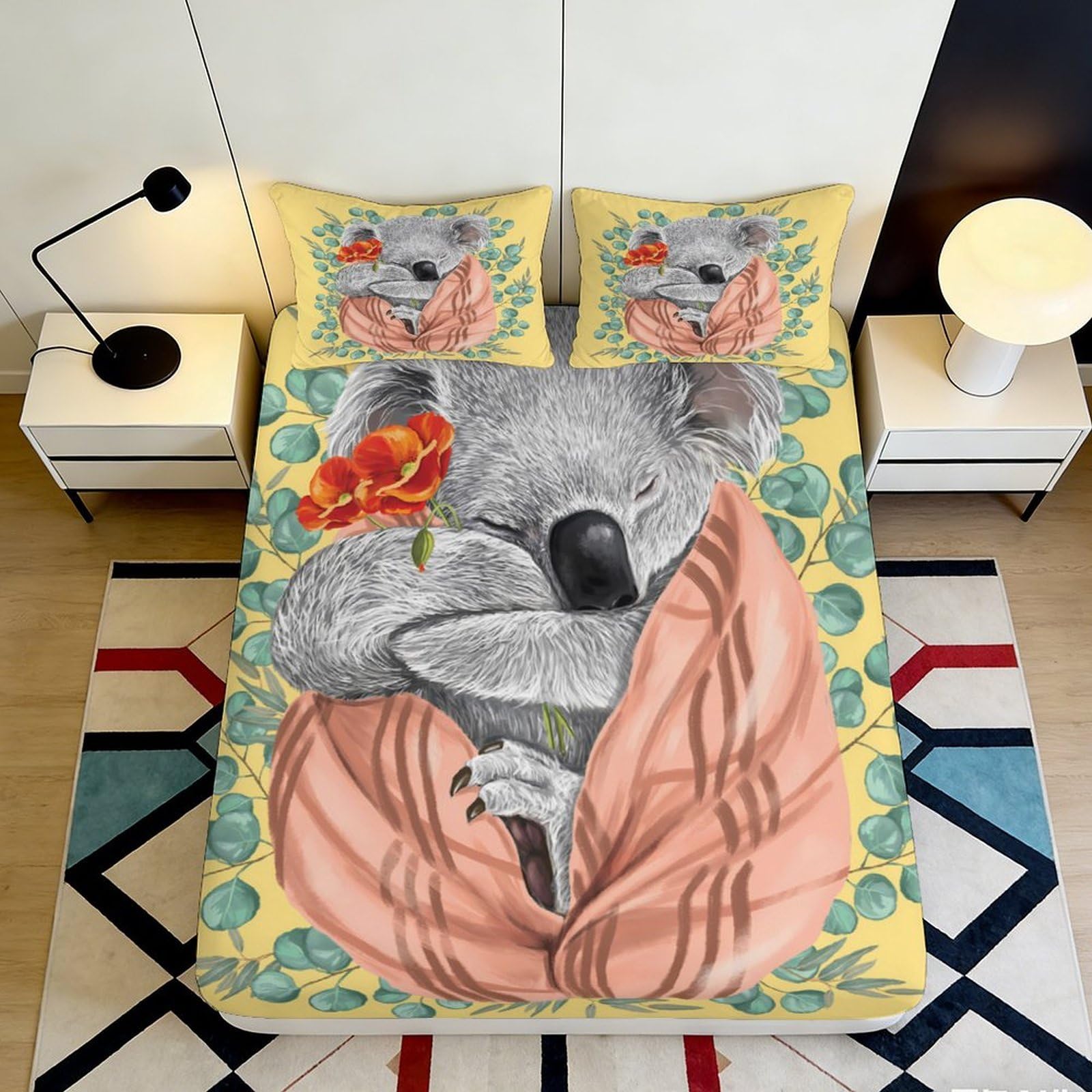 Dhbaneiok Style-7 3D Printed Koala Floral Fitted Sheet Microfiber Soft Yellow Cartoon Mattress Cover For Adult Teen Bedroom Dorm Decor 90X200x25cm