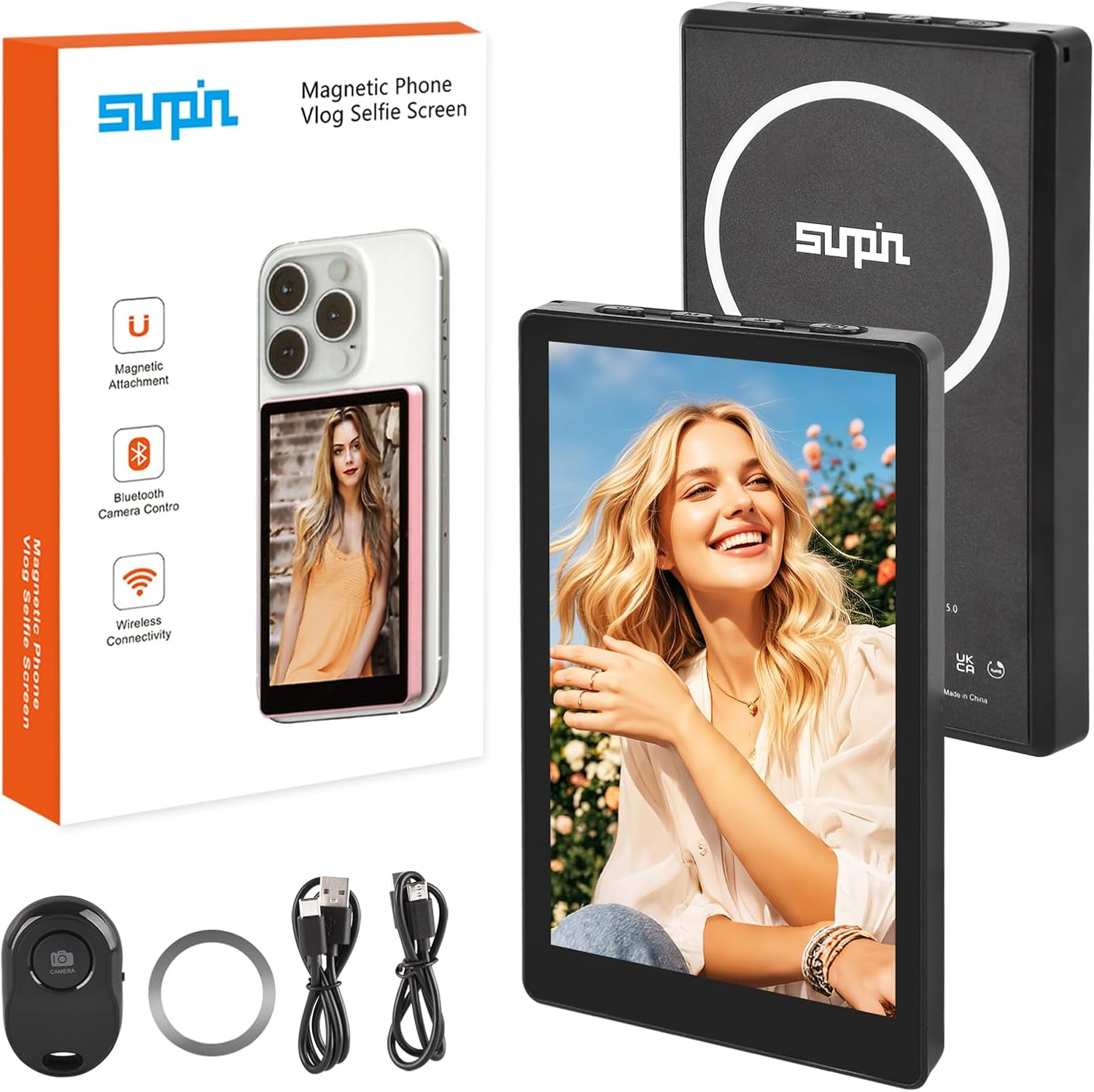 Vlog Selfie Monitor Screen, 5" Magnetic Back Camera Monitor for iPhone with 4K 60fps Bluetooth Remote, Wireless Portable External Display for Live Stream TikTok, Compatible with iPhone & Android