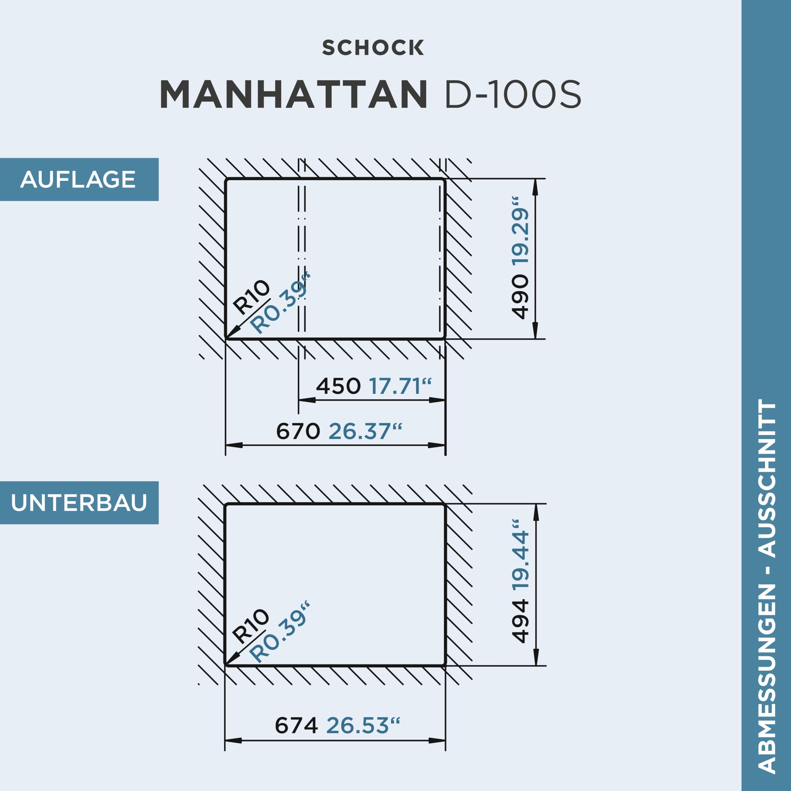 SCHOCK Küchenspüle Manhattan D-100S in Onyx I Granitspüle mit Abtropffläche I Einbauspüle für 45 cm Unterschrank I kratzfeste Cristalite Spüle I pflegeleichte Design Spüle mit Excenterbedienung