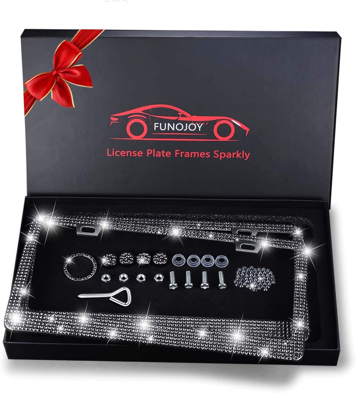 Black License Plate Frames for Women Men Valentine's Day Gift Bling Bling Rhinestone License Plate Frame Car Accessories with Gift Box, 2 Pack