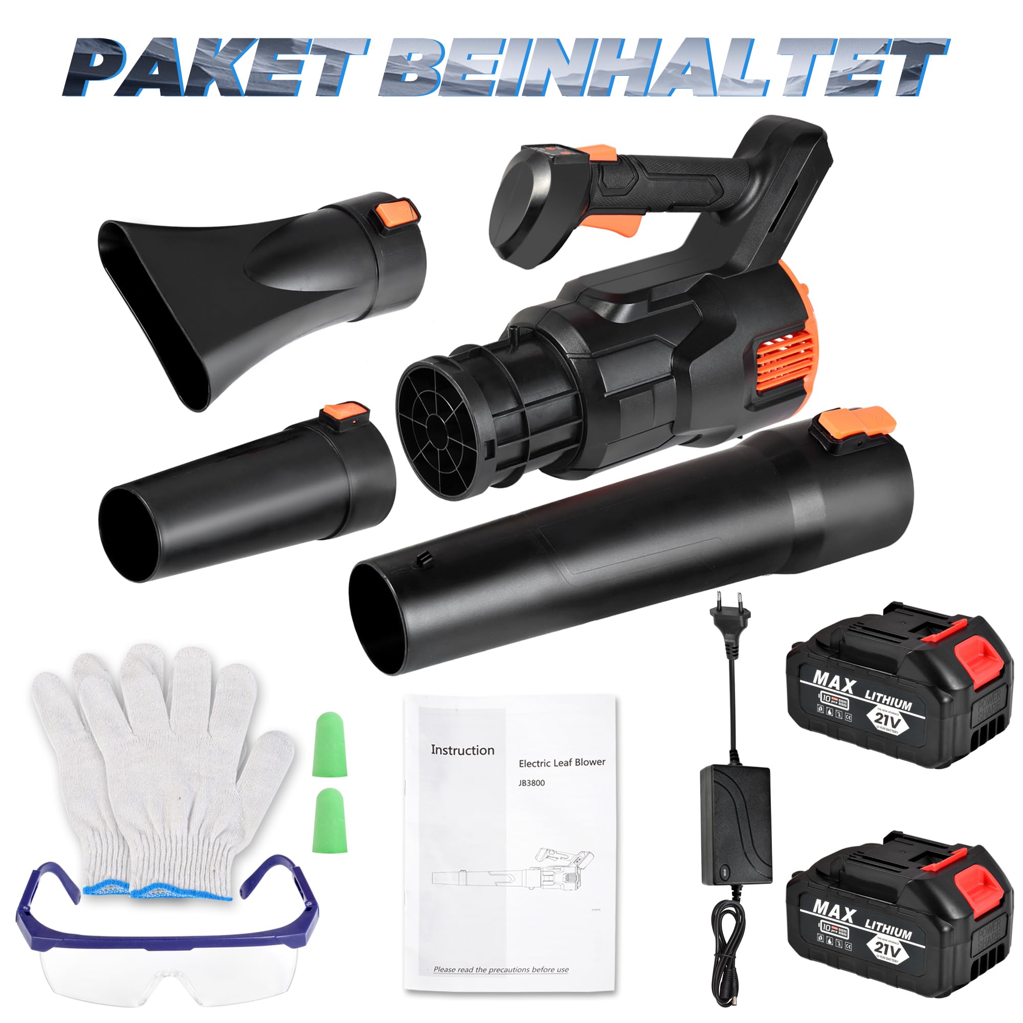 Soplador de hojas con batería con 2 baterías de 3,0 Ah y cargador, soplador de batería, soplador de hojas eléctrico de 3 velocidades, máx. 42 m/s de velocidad de flujo de aire, para jardín, patio