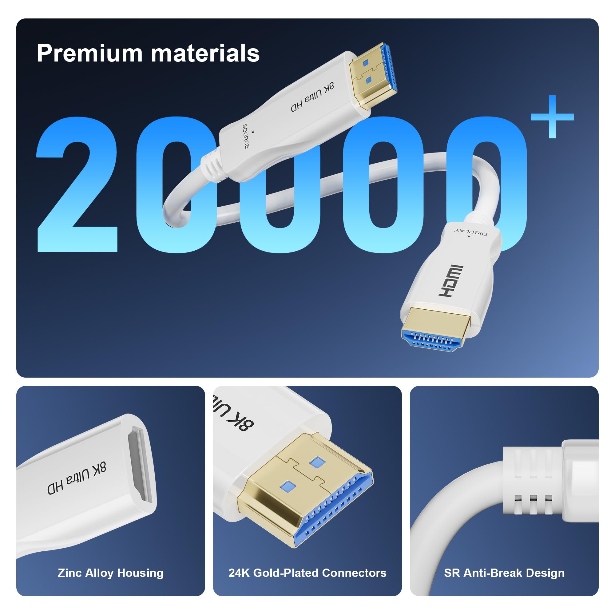 Cavo HDMI in fibra ottica 8K, 30 m, 48 Gbps, ultra ad alta velocità, sottile, 8K a 60 Hz, 4K a 240 Hz, HDR dinamico, eARC, HDCP 2.2 e 2.3, 3D, compatibile per laptop, PC, monitor, PS5, PS4, Xbox, HDTV