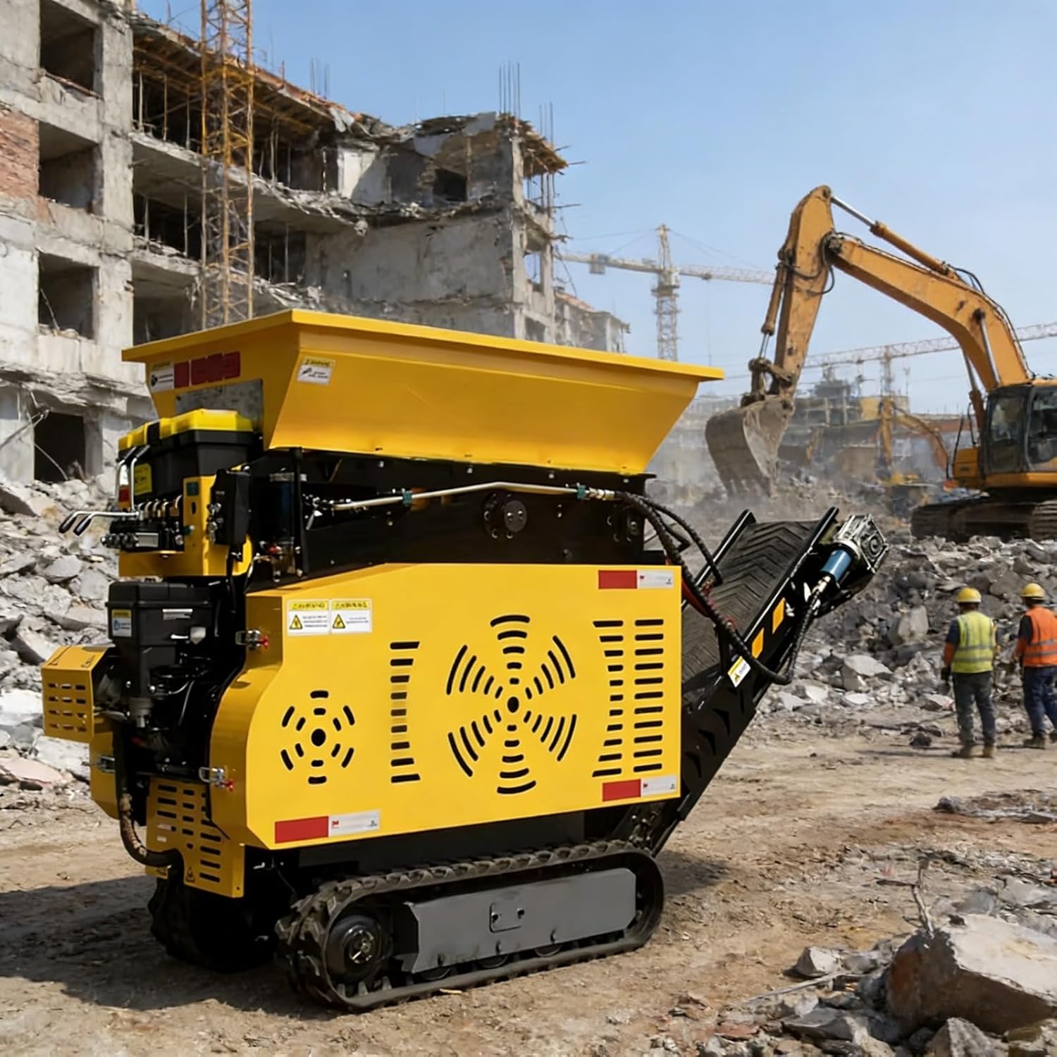 Portable Tracked Crusher for On-Site Reduction of Concrete, Bricks, and Rock in Roadwork and Building Demolition Projects
