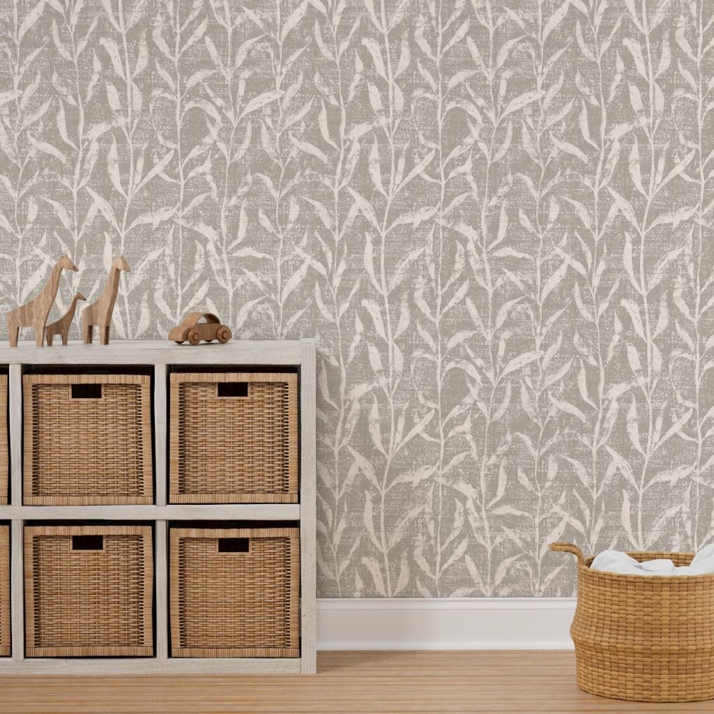 Peel & Stick Wallpaper 9ft x 2ft - Farmhouse Leaves Gray Cream Vines Nature Neutral Custom Removable Wallpaper by Spoonflower