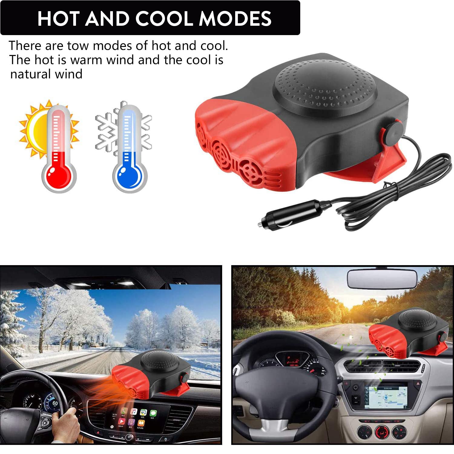Chauffage Voiture 12V Portable - 2 En 1 Chauffage/Ventilation - Dégivrage Pare-brise - Allume-Cigare