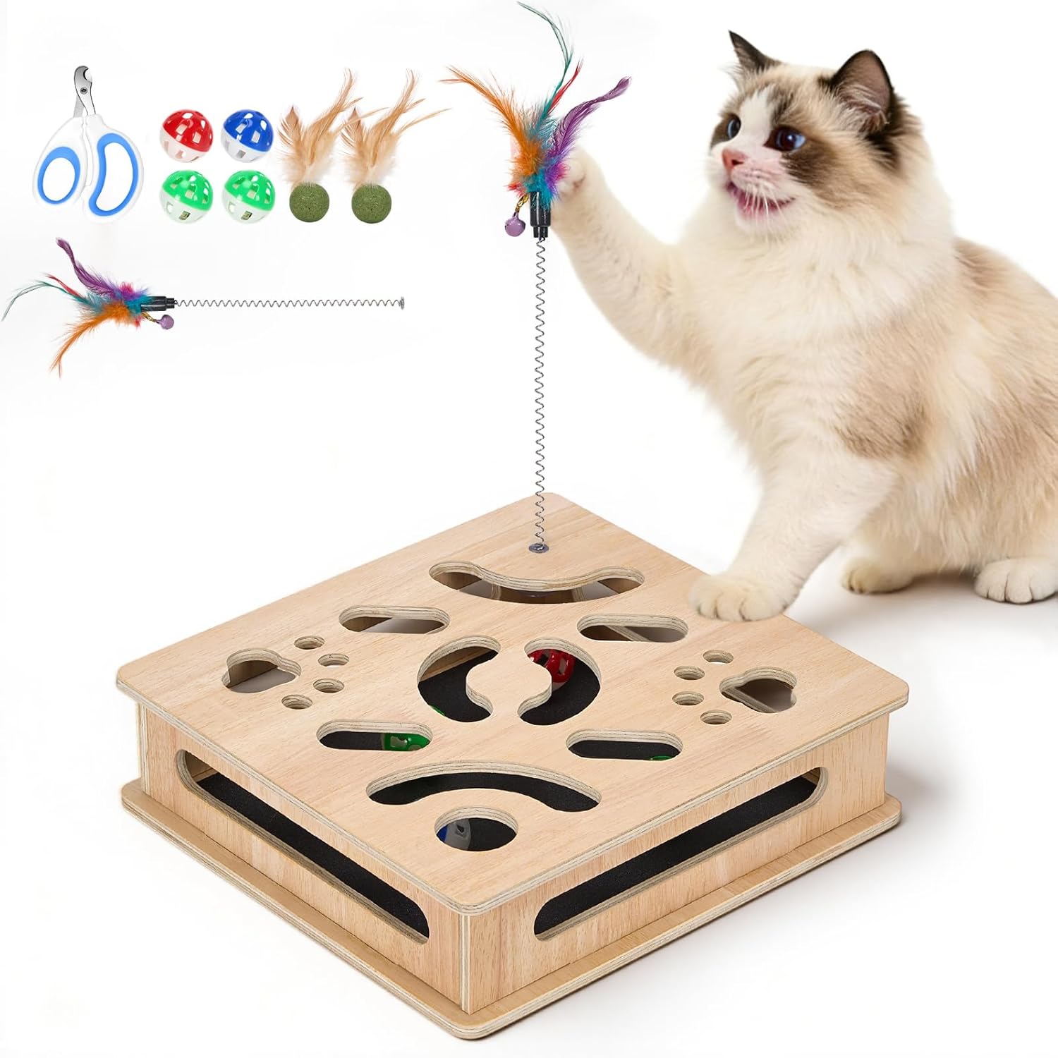 Cat Nail File Enrichment Box, cat Toys for Indoor Cats, Contains Sandpaper Inside,cat Toys for Bored Indoor Adult Cats, Multi-Layer Solid Wood cat Puzzle Toy