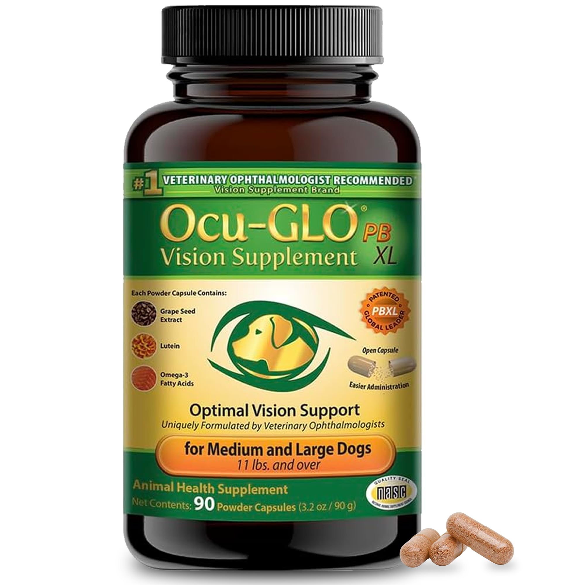 Ocu-GLO PB Vision Supplement for Medium & Large Dogs – Easy to Administer Powder Blend with Lutein, Omega-3 Fatty Acids, Grape Seed Extract & Antioxidants to Promote Eye Health, 90ct Sprinkle Capsules