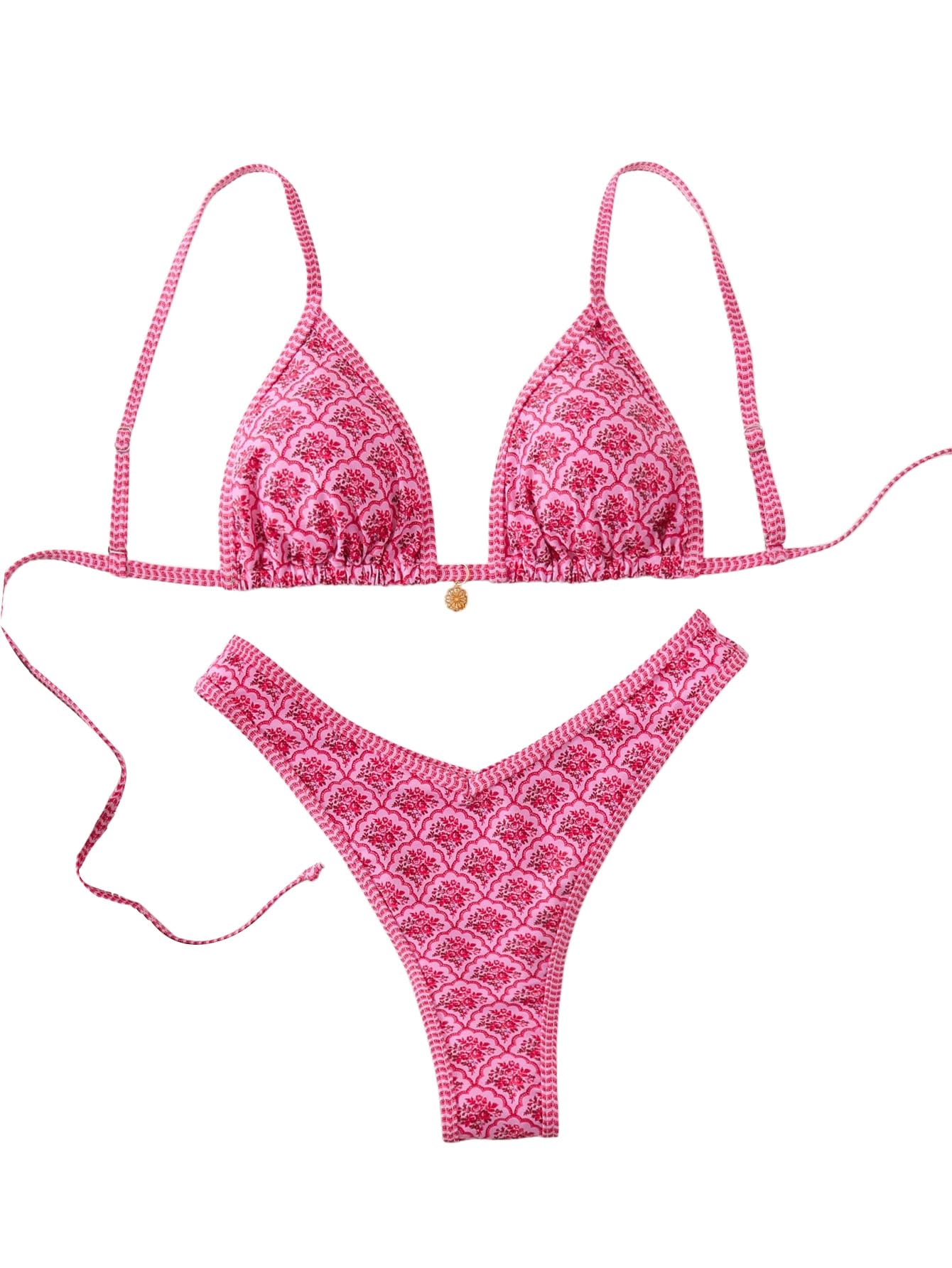 BEAUDRM Conjunto de bikini de 2 piezas para mujer, diseño de triángulo floral Y2K, traje de baño con lazo en la espalda