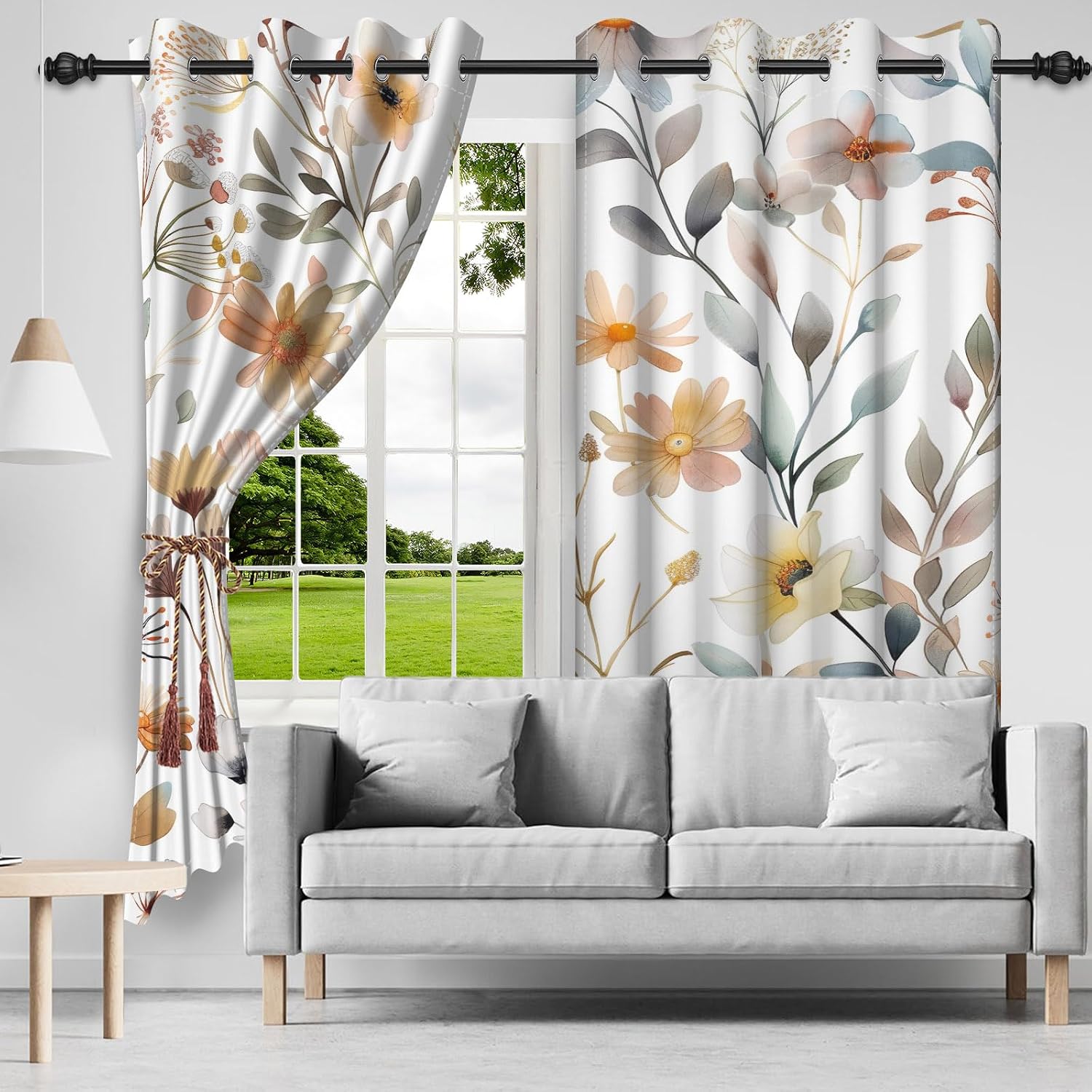 Watercolor Daisy Floral Plants Blackout Curtains Colorful Flowers Eucalyptus Leaves Window Treatments Spring Floral Window Drapes Living Room Bedroom Kitchen Home Decor,53x63 inch,2 Panels