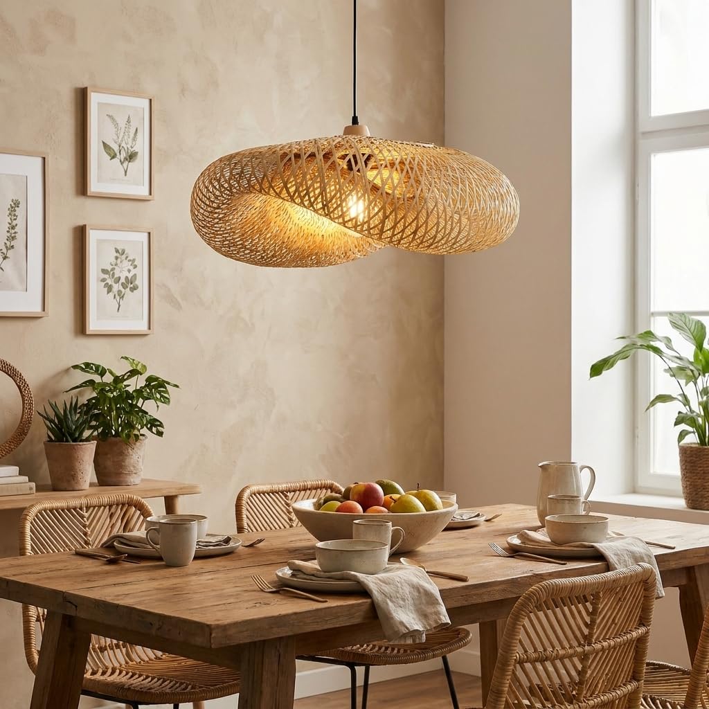 Alpinaluz Lámpara Colgante de Mimbre Natural ø600 mm - Diseño Artesanal con Pantalla Tejida a Mano, Portalámpara E27 de Madera y Cable Negro, para Salón, Comedor y Dormitorio