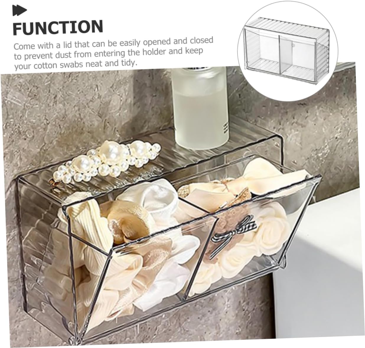 GLEAVI 3pcs Wall Mounted Cotton Swab Holder Multi Functional Organizer Box for Cotton Buds Hair Ties Clips Items Transparent Flip Lid Design for Bathroom Office Use