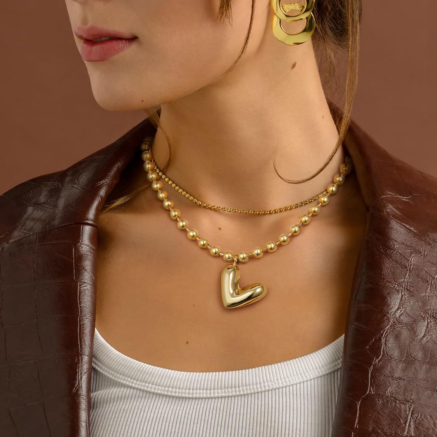 KELORIS PATH Heart Necklace for Women, 14K Gold Plated Chunky Puffy Pendant Charm Choker, Trendy Statement Ball Chain Jewelry Gifts - Image 2