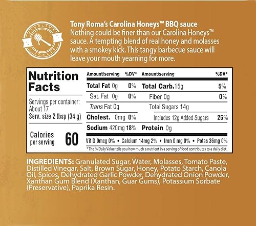 Miniatura 2 de Tony Roma's Carolina Honeys - Salsa para barbacoa, 20 onzas (paquete de 6), barbacoa de miel