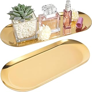 2PACK Gold Decorative Tray,Oval Stainless Steel Trays, Decorative Tray for Jewelry Dish Cosmetics Organizer Bathroom Clutter Serving Platter