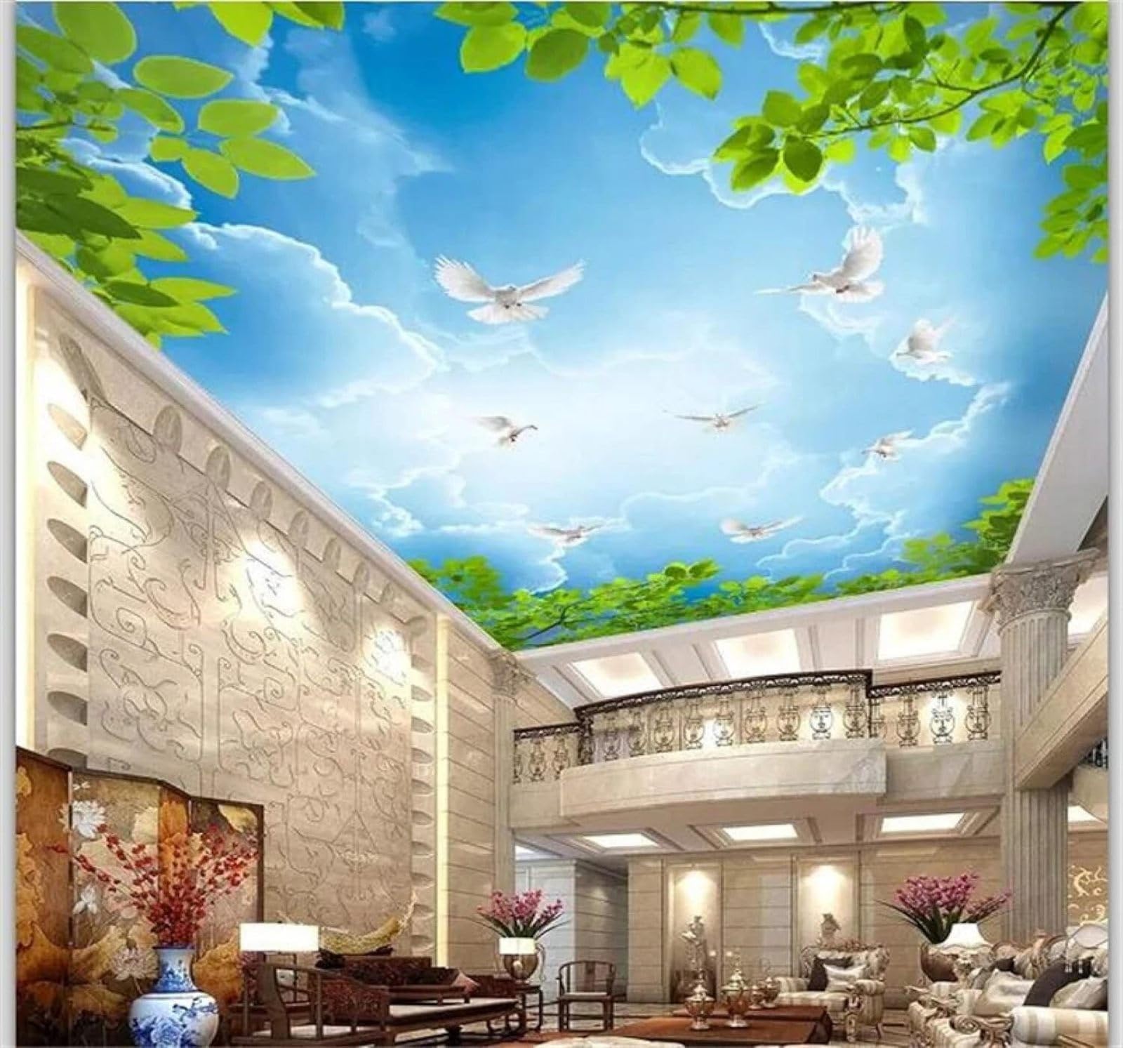 XLMING Fresh Green Leaves Sky White Doves Landscape 3D Wallpaper Silky Texture Home Study Office Grey Dining Room Sofa Bedroom Living Room TV Backdrop-300cm×210cm