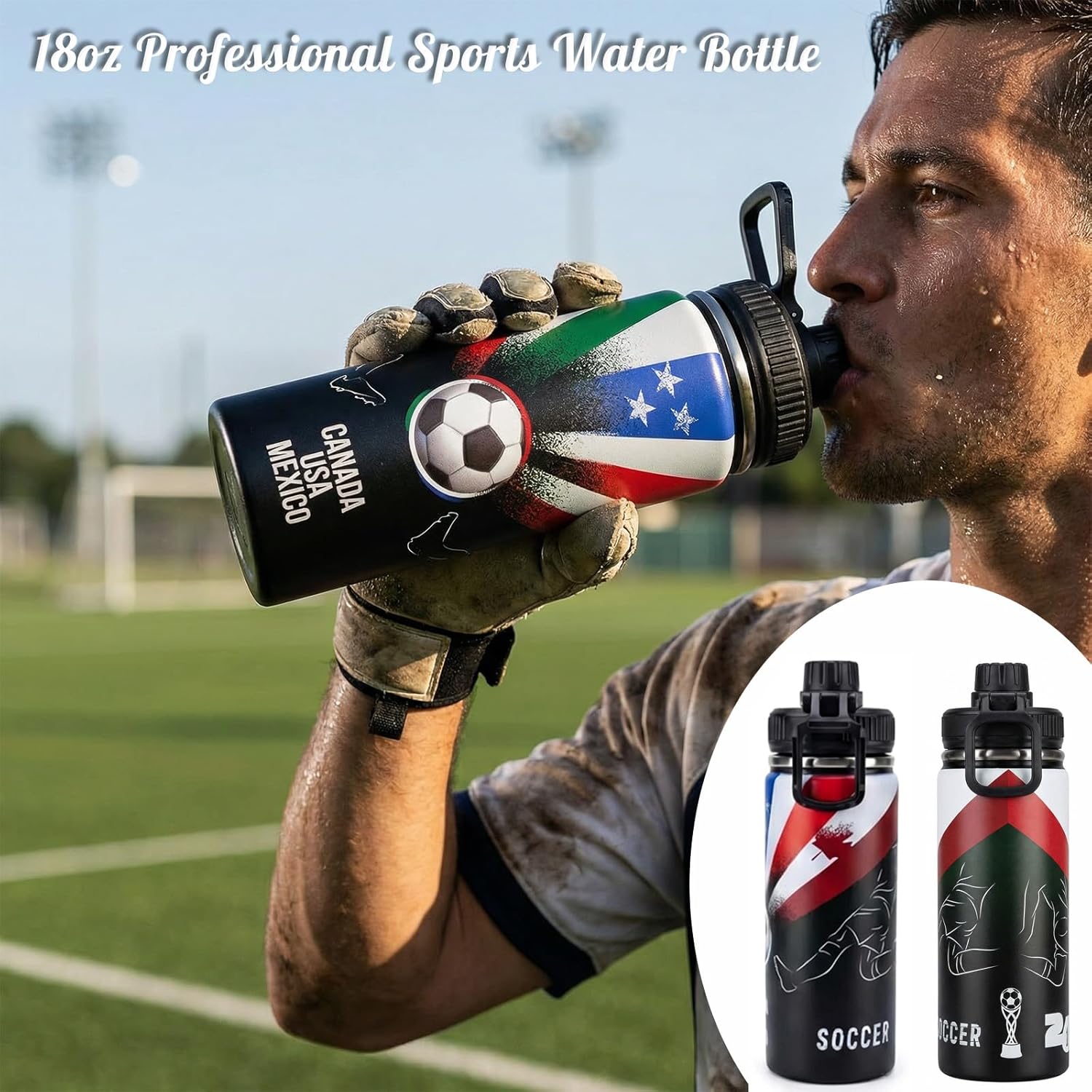 Exun Soccer Fan Gift Basket Set 2026 – 9 Piece Sports Accessories Bundle with Stainless Steel Tumbler, Towel, Keychain, Hat, Wristband & Metal Pin – Triple Nation Flag Design, Soccer Lover Gift