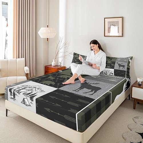 Miniatura 131 de Sábana bajera ajustable de oso de caza, juego de ropa de cama a cuadros de búfalo, sábanas de retazos de cabaña rústica para niños, niños, Multi