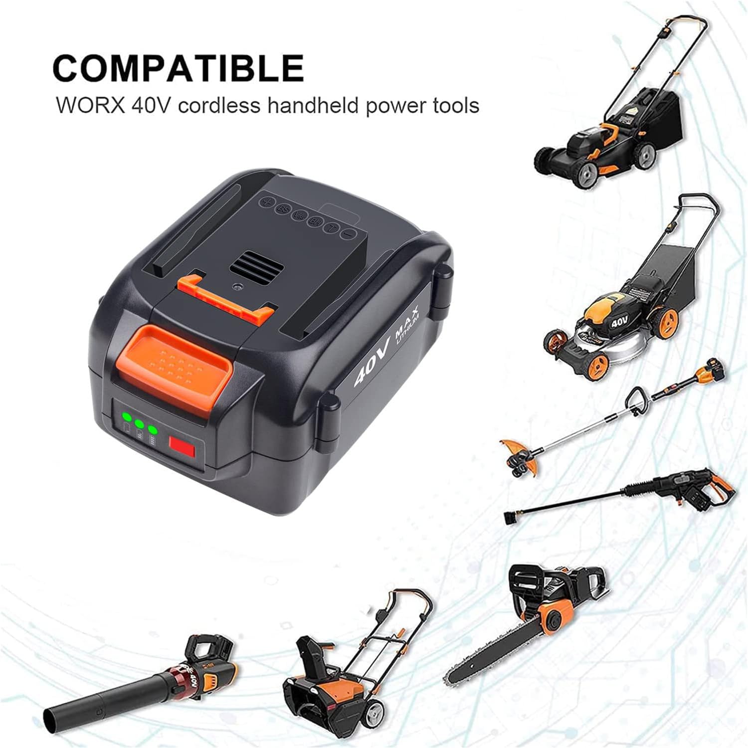 Batteria di ricambio da 40 V per Worx (solo batteria), accessorio per utensili elettrici senza fili per Worx, WA3551 /WA3553/35514/WA3551.1 agli ioni di litio (2000 mAh, 1 confezione)