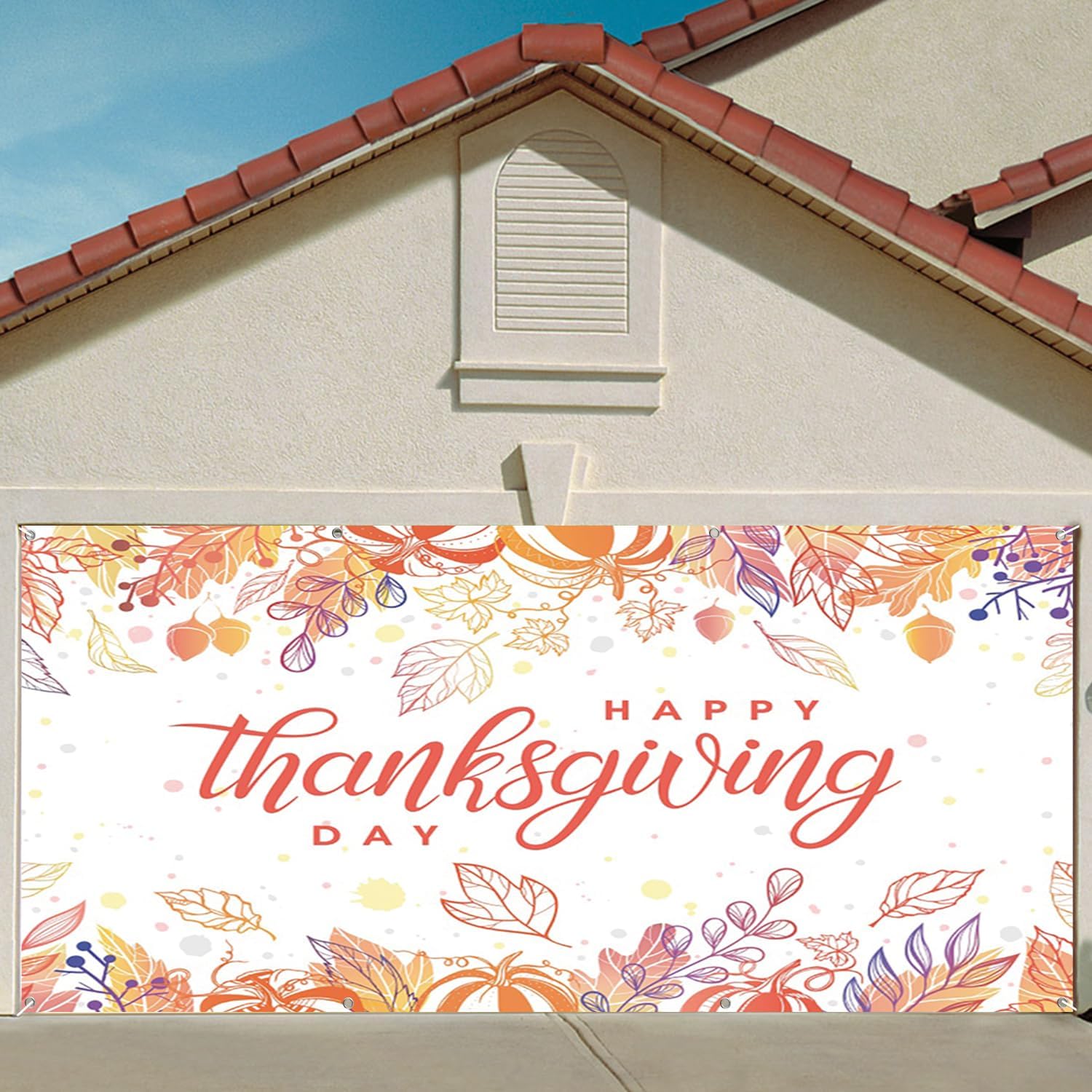 7x8ft Thanksgiving Festive Garage Door Decor Autumn Red Maple Leaves Pumpkin Happy Thanksgiving Day Greeting Garage Door Cover for Family Gathering Photo Shoots Seasonal Decor