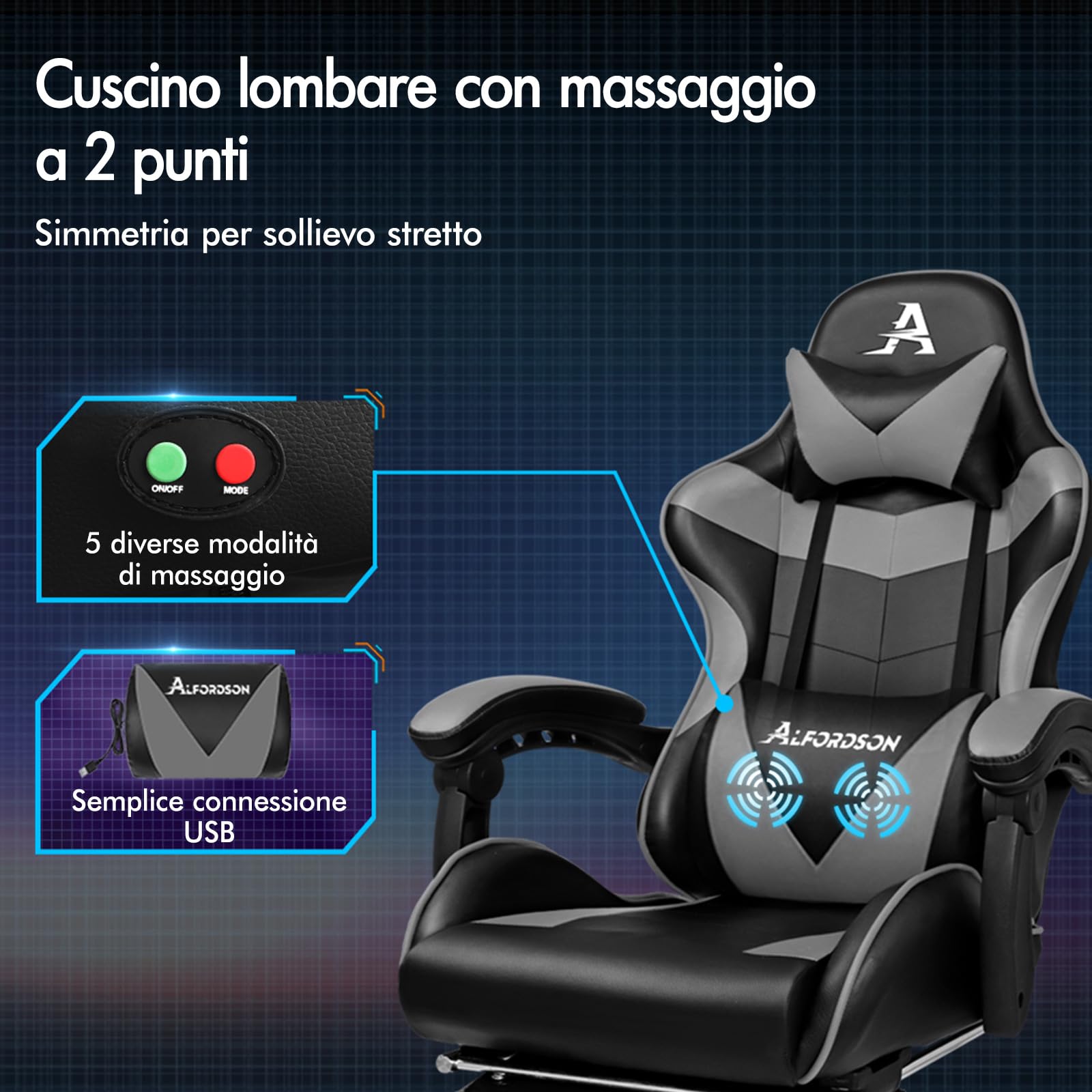 ALFORDSON Sedia Gaming Massaggiante, Sedia Gamer Professionale con Cuscino Lombare & Poggiatesta, Poltrona Ergonomica da Ufficio con Poggiapiedi, Regolabile 90-150°, Portata 180 kg, Similpelle(Grigia)