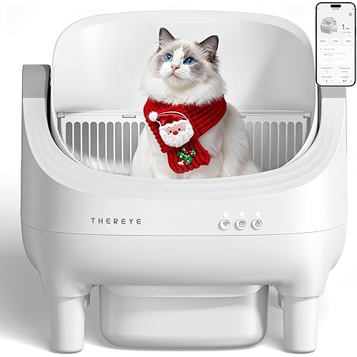 Thereye Self Cleaning Cat Litter Box, Open-Top Automatic Litter Box with APP Control, Safety Sensor and 10L Large Waste Bin, Smart Kitty Litter Boxes with Trash Bags and Mat for Multiple Cats