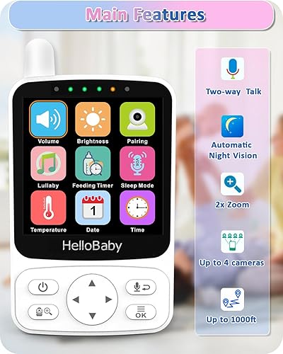 HelloBaby Baby Monitor,29-Hour Battery Life,Upgrade Baby Monitor with Camera and Night Vision,No Wifi,355°/120° Remote Pan Tilt Camera 2x Zoom, ECO Mode,2-way talk,Up to 1000ft,Temperature - 3
