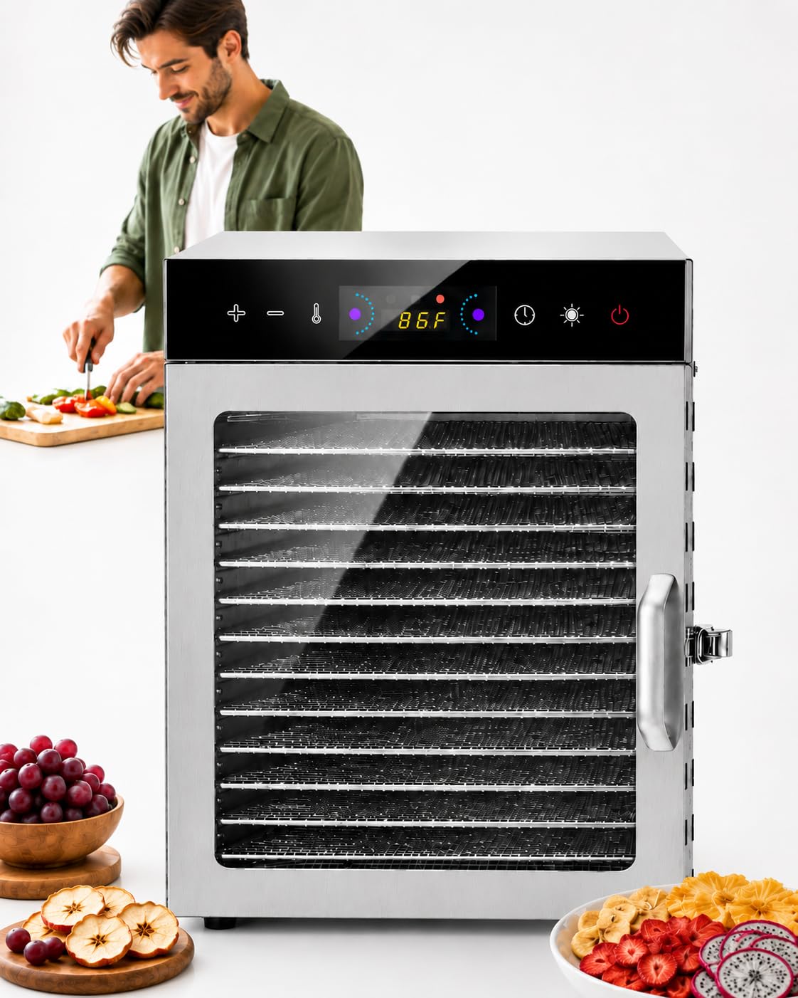 Essiccatore Per Alimenti Con 12 Vassoi In Acciaio Inox E Luce LED