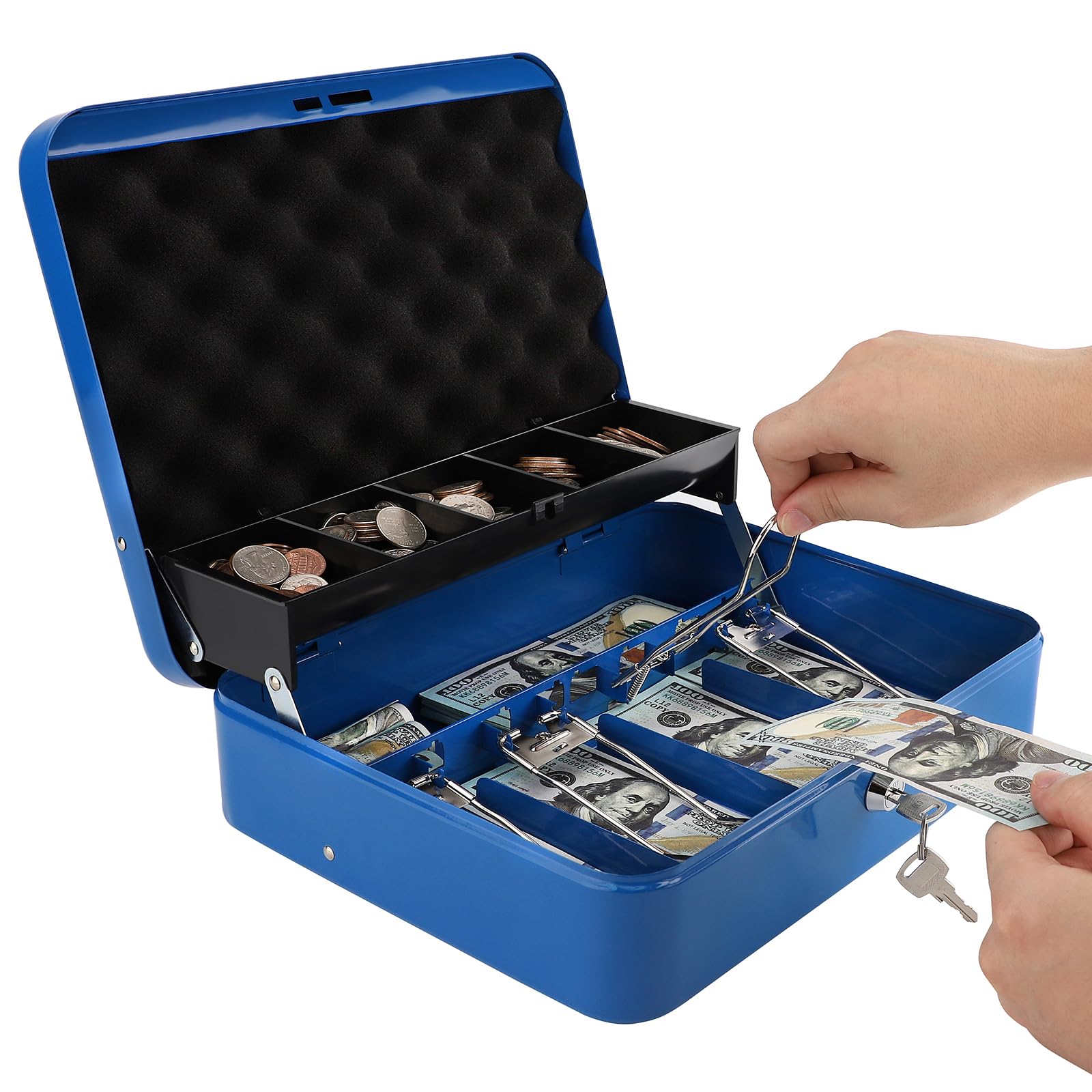 Caisse à monnaie en métal durable avec serrure à clé, avec bac à billets, boîte de rangement sécurisée avec câble de sécurité, bleu