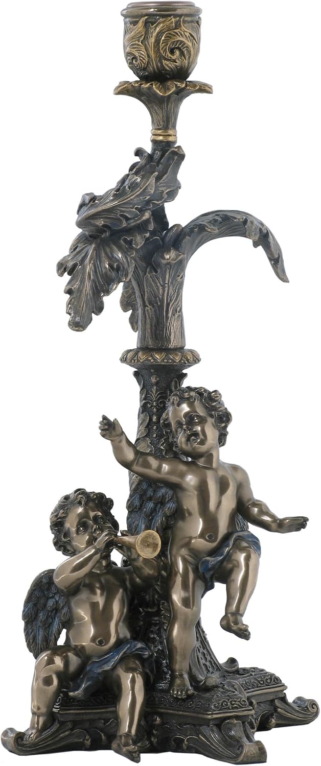 US 11.75 Inch Burnished Bronze Hued Candleholder with Two Cherubs
