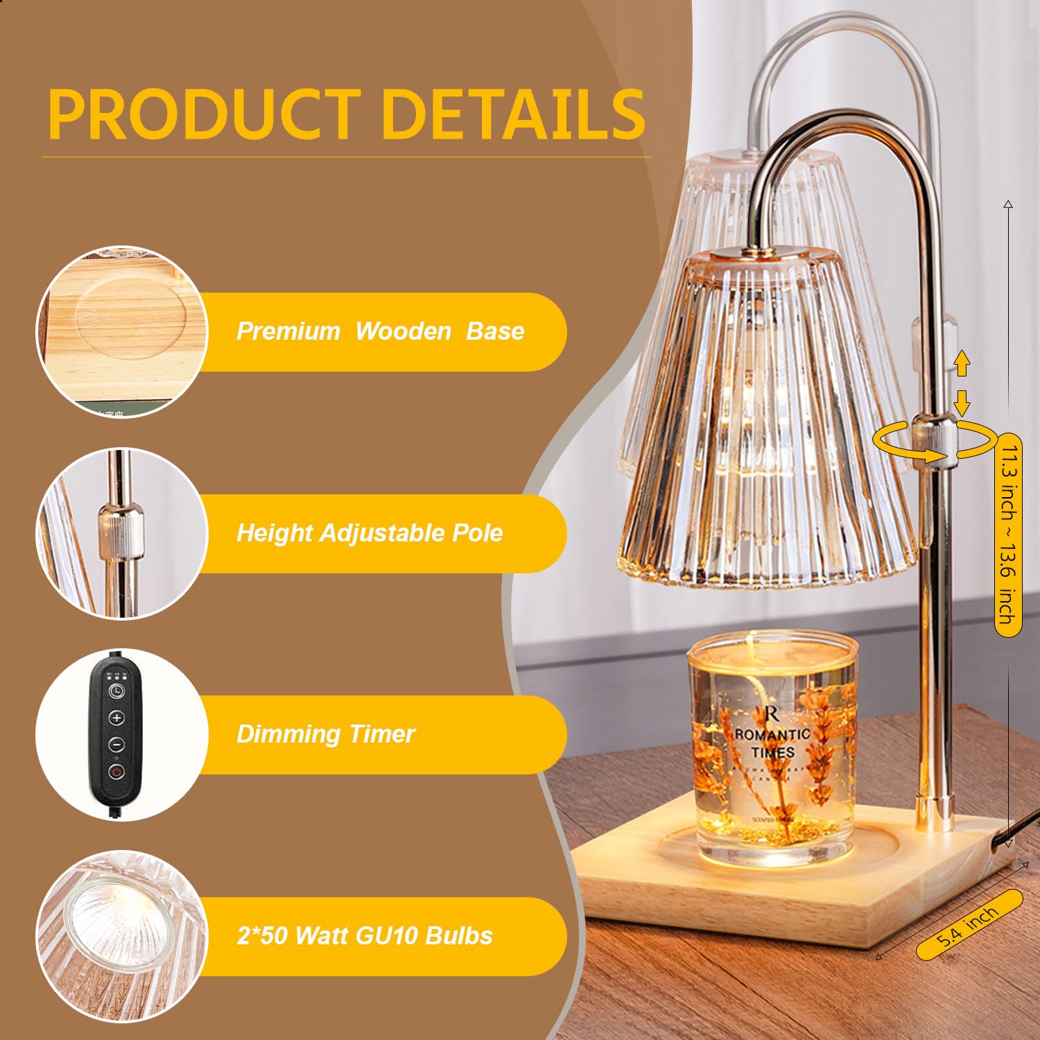 ILOVINIT 2 Pack Candle Warmer Lamp with Timer and Dimmer, Scented Wax Melting Light, Height Adjustable for Various Sizes of Jar Candles, 2 Bulbs Included, Glass Shade, for Home Living Room Bedroom