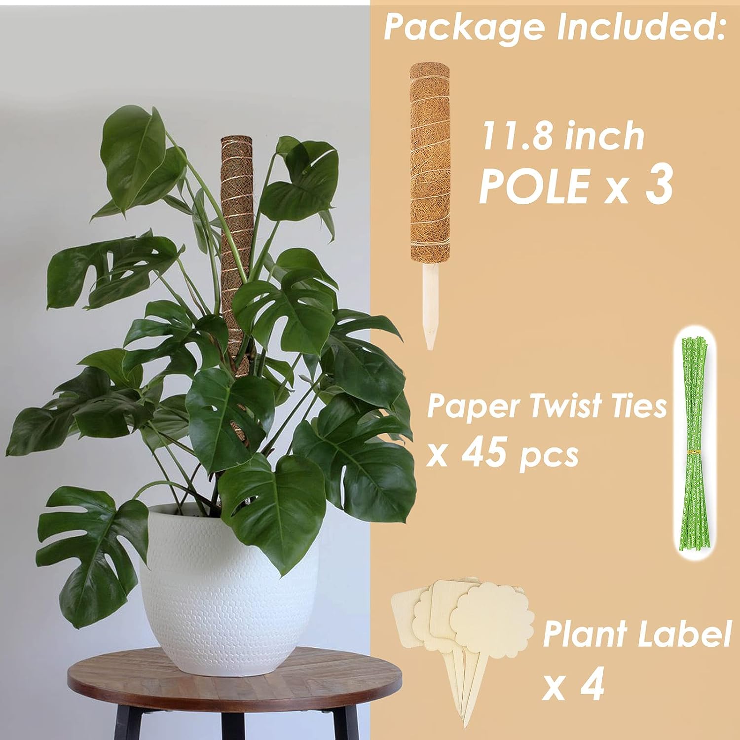 Aimerla Moss Pole Plant Support. 28.4 Inch Moss Sticks for Indoor Plants Climbing. 3 Coir Poles with 45 Twist Ties and 4 Plant Tags Plant Accessories Indoor for Monstera Creeper Pothos Potted Garden