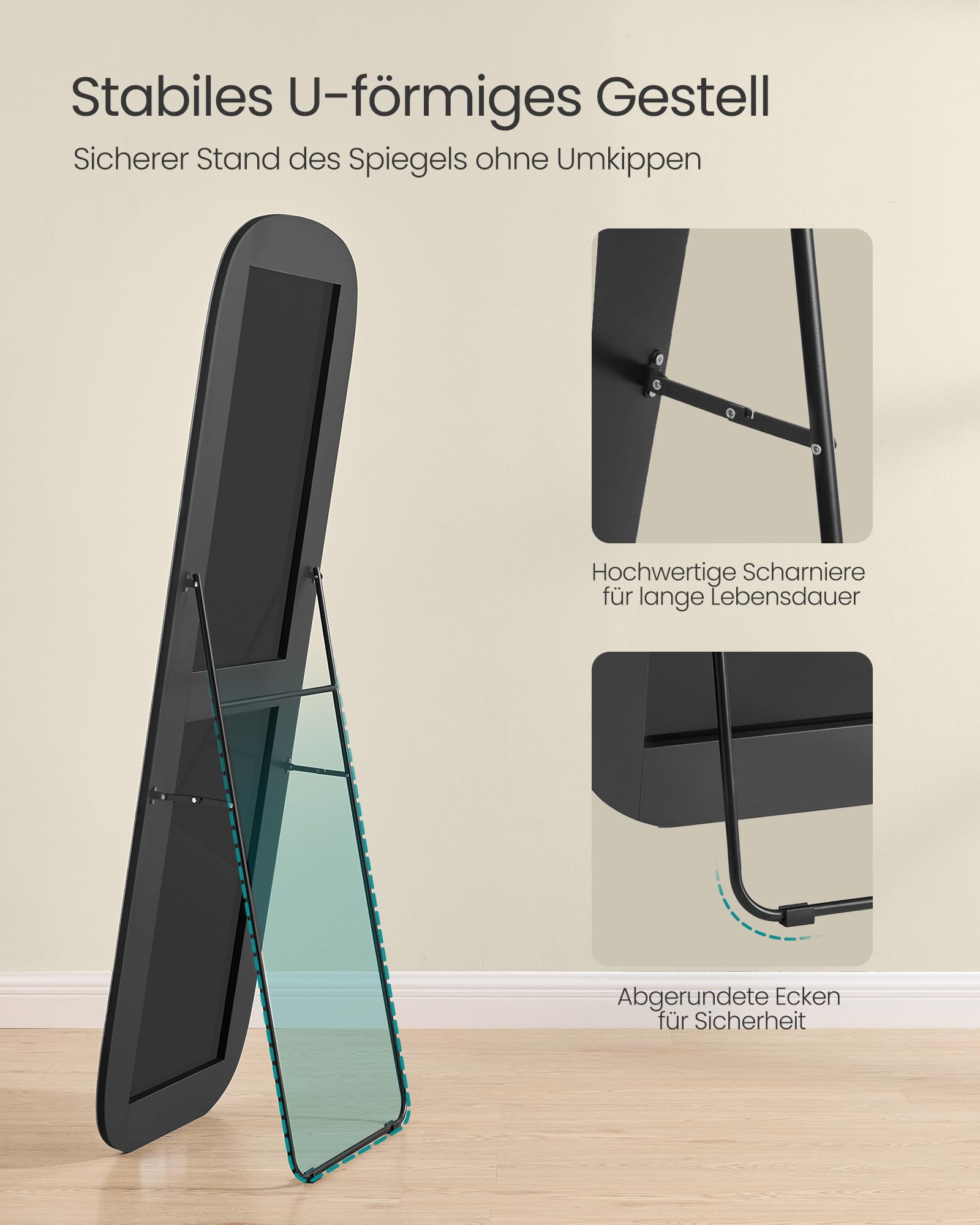 SONGMICS Ganzkörperspiegel, 160 x 50 cm, mit abgerundeten Ecken, Standspiegel aus Qualitätsglas, Aluminium-Rahmen, für Schlafzimmer, Ankleidezimmer, tintenschwarz LFM029B01