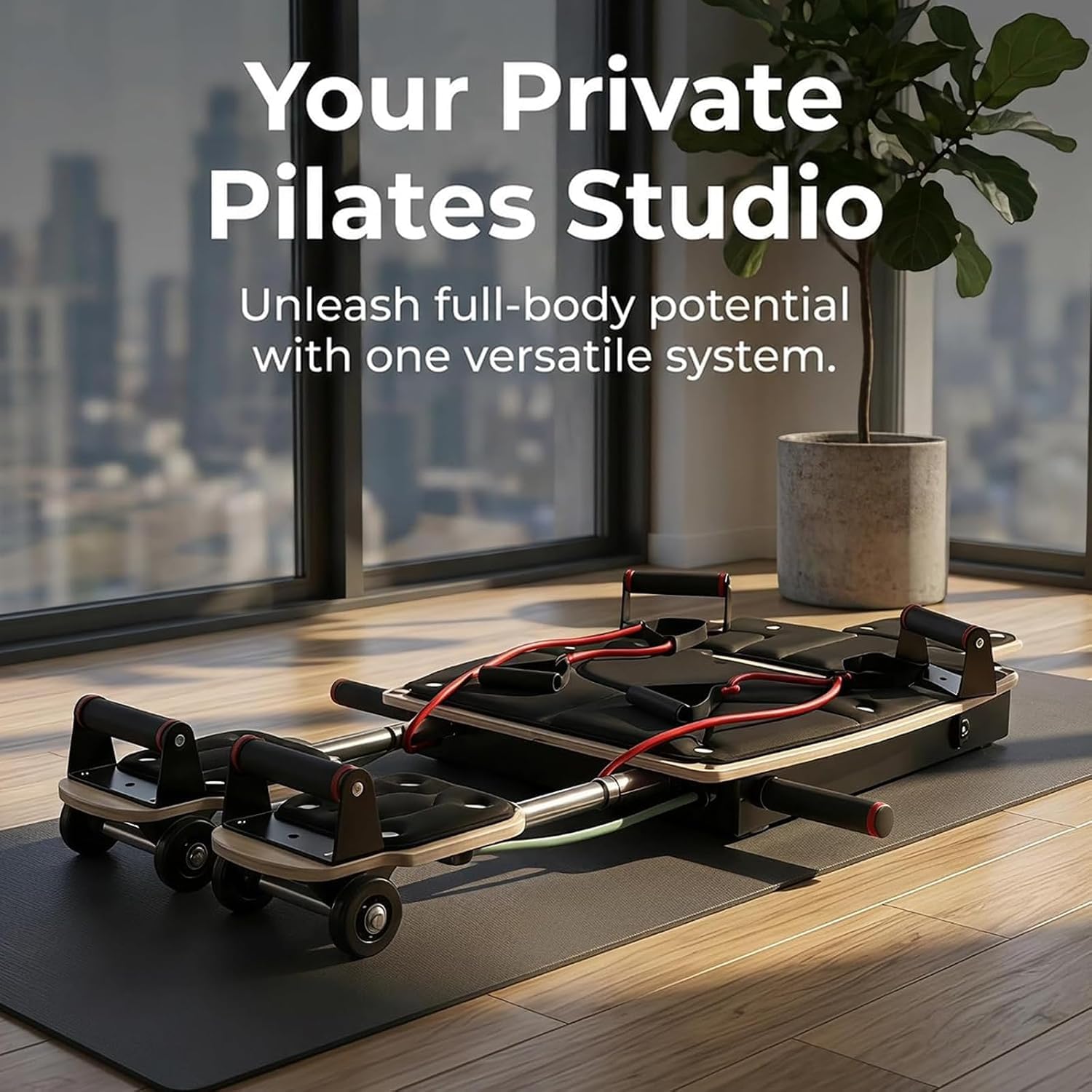 Tabla De Pilates Reformer para Entrenamiento En Casa, Tabla De Pilates Plegable De Madera con Almohadillas Dobles Y Divididas para Los Pies, Bandas De Resistencia Ajustables, Black