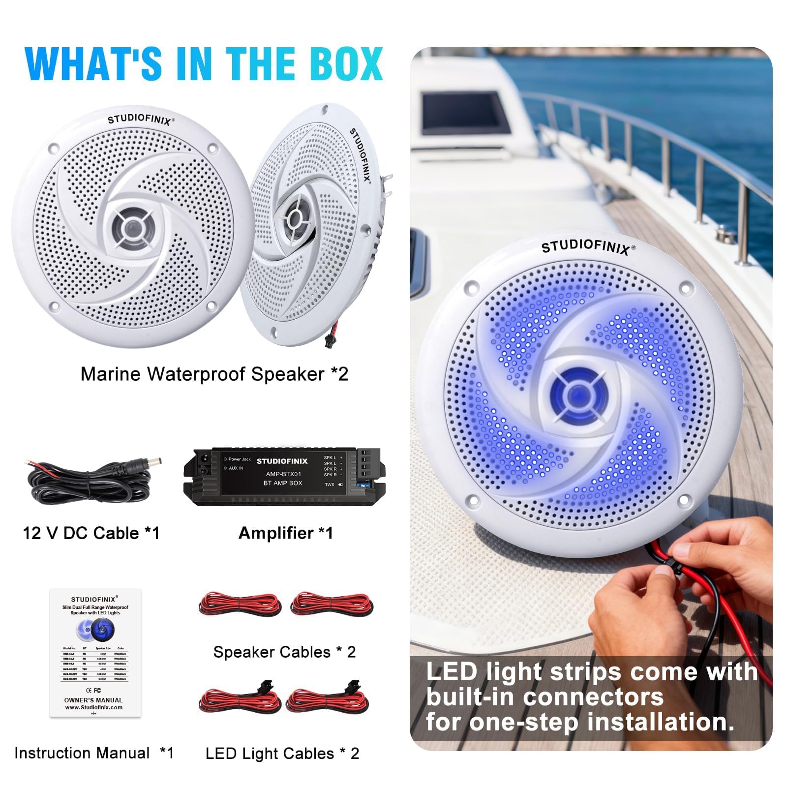 STUDIOFINIX wasserdichte Bluetooth-Bootslautsprecher – 5,25-Zoll-2-Wege-Audiosystem für den Außenbereich, wetterfest, mit LED-Beleuchtung, 160 Watt Leistung und schlankem, flachem Design – (weiß)