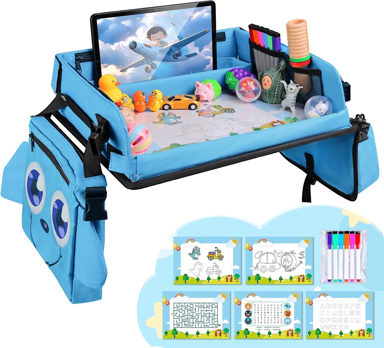 Plateau de Voyage, Plateau pour siège Auto pour Enfant avec Surface de Dessin effaçable Transparente, Plateau d'activités Polyvalent pour Enfants avec 6 stylos et 5 Cartes à Dessin