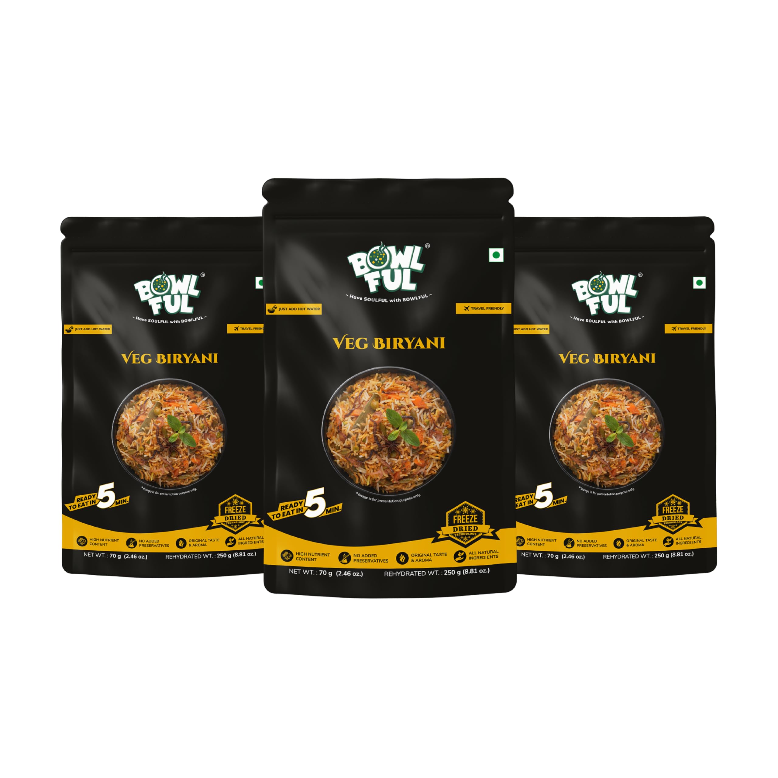 Bowlful Veg Biryani, 70 GMS,Pack of 3, Rice with Rich Raw Spices. 100% Natural, Freeze Dried Food-image-26