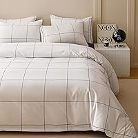 Vista 2 de KAREVER - Juego de edredón con cuadrícula blanca para niños, tamaño individual, con líneas cuadradas azul marino y edredón a cuadros blanco, juego