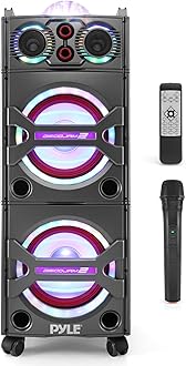 Pyle Portable Bluetooth PA Speaker System - 2000W Active powered Outdoor Bluetooth Speaker Portable PA System w/ Microphone In, Party Lights, USB SD Card Reader, AUX/RCA/FM Radio, Wheels - PSUFM1043BT