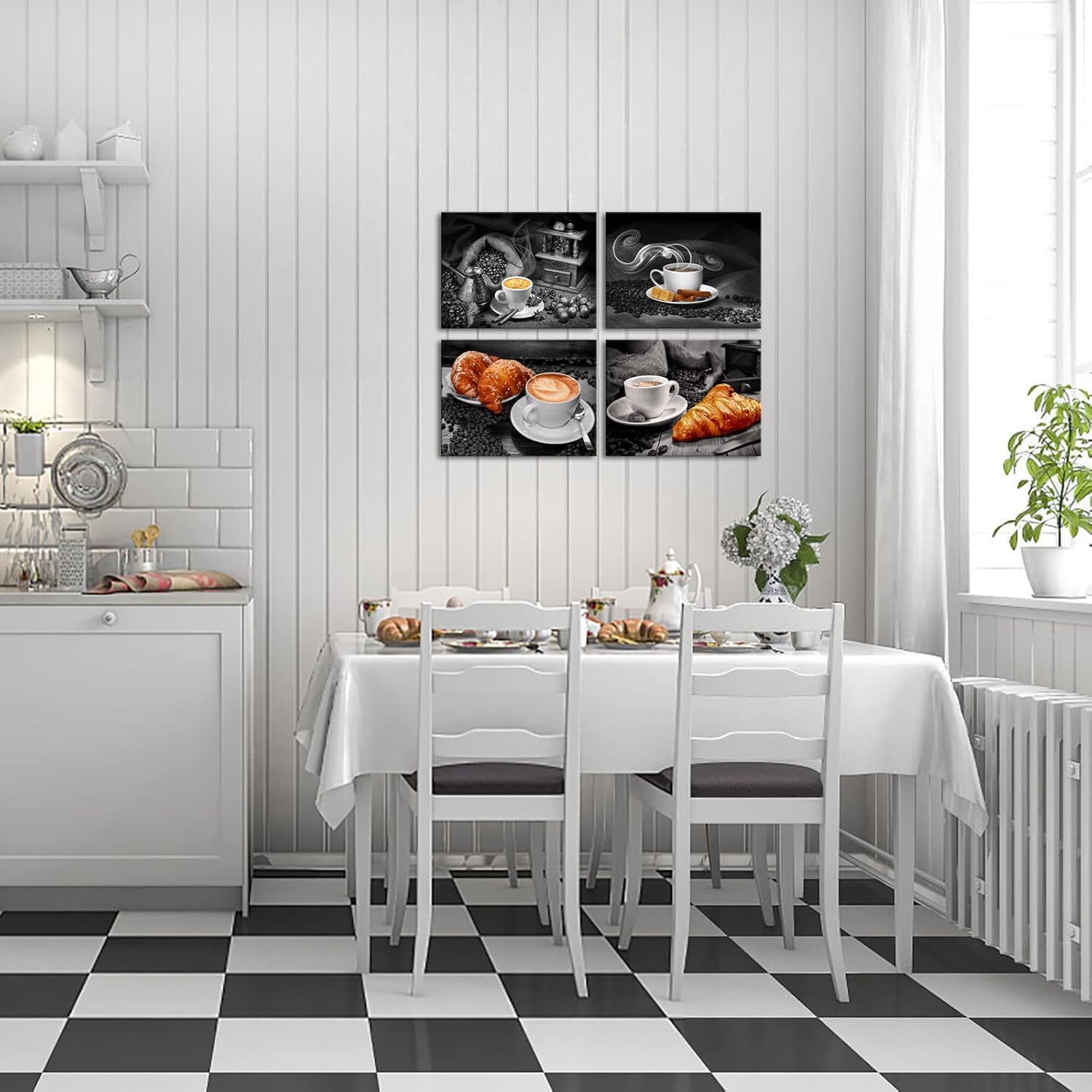 Nachic Wall 3 Piece Kitchen Wall Art Decor Warm Coffee Bread Pictures Canvas Print Black and White Painting Artwork with Frame Modern Dining Room Restaurant Coffee Shop Decorations