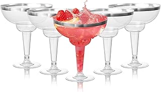 MATANA 12 Plastic Margarita Glasses Disposable Cups or Reusable (Silver Rim) 12 oz Acrylic Margarita Cups for Parties, Wedding, Birthday, Cocktail & Martini