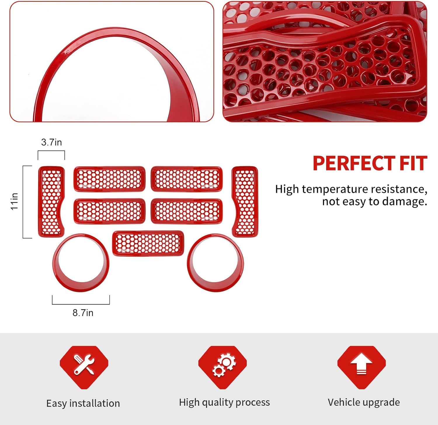 9PCS Headlight Cover & Front Grill Mesh Inserts Compatible with Jeep Wrangler JL JLU 2024-2025, NOT FIT JL Sport/Sport S (Red)