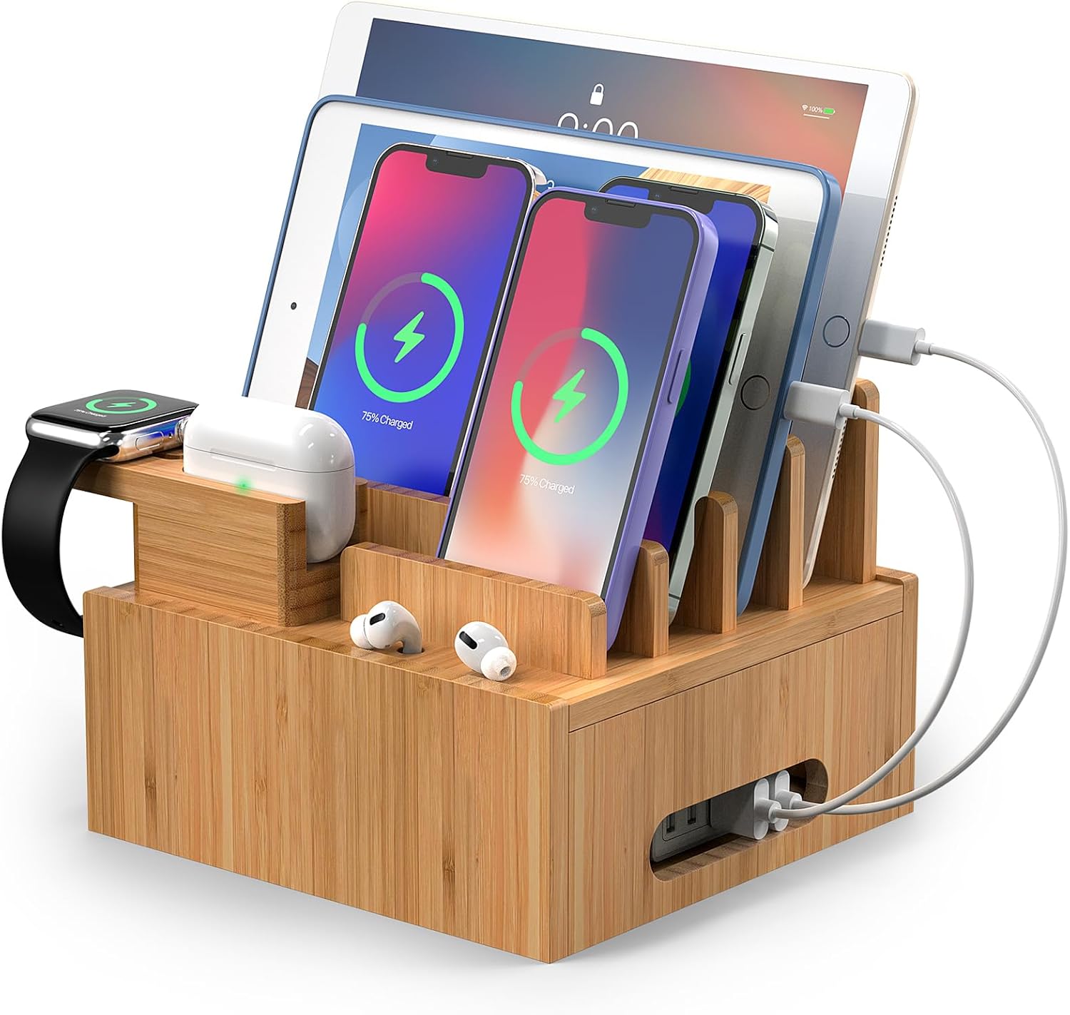 Pezin & Hulin Bamboo Multiple USB Charging Station for Phones and Tablets, All-in-one Organizer Dock for Watch, Earbuds (No Power Supply) -with Cables