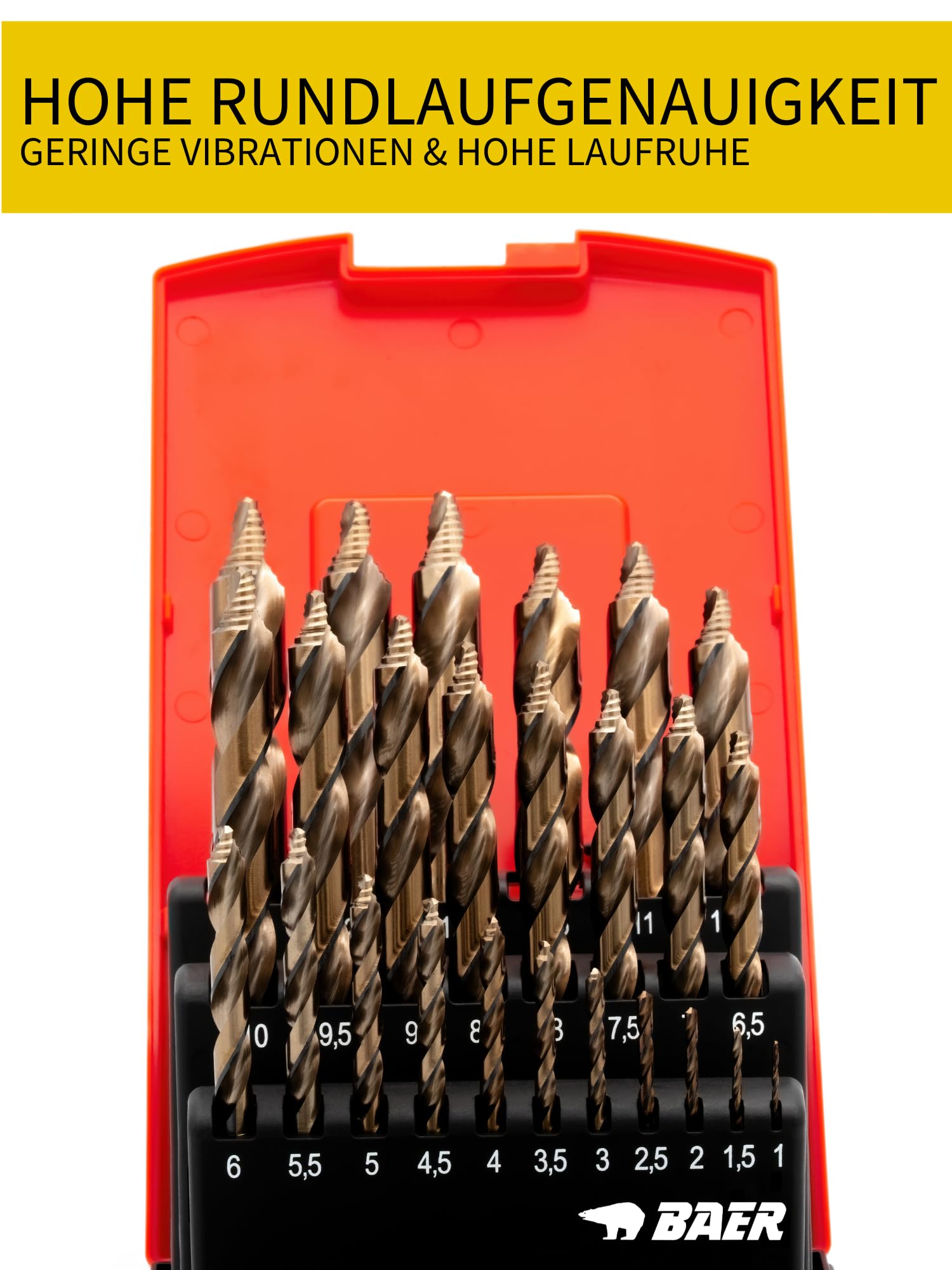 BAER Juego de brocas helicoidales (0,5 mm aumentando) 1-13 mm HSSE/Co5 Turbo Centrix | Juego de brocas 5% de aleación de cobalto HSSE de alta velocidad | Juego de brocas en espiral