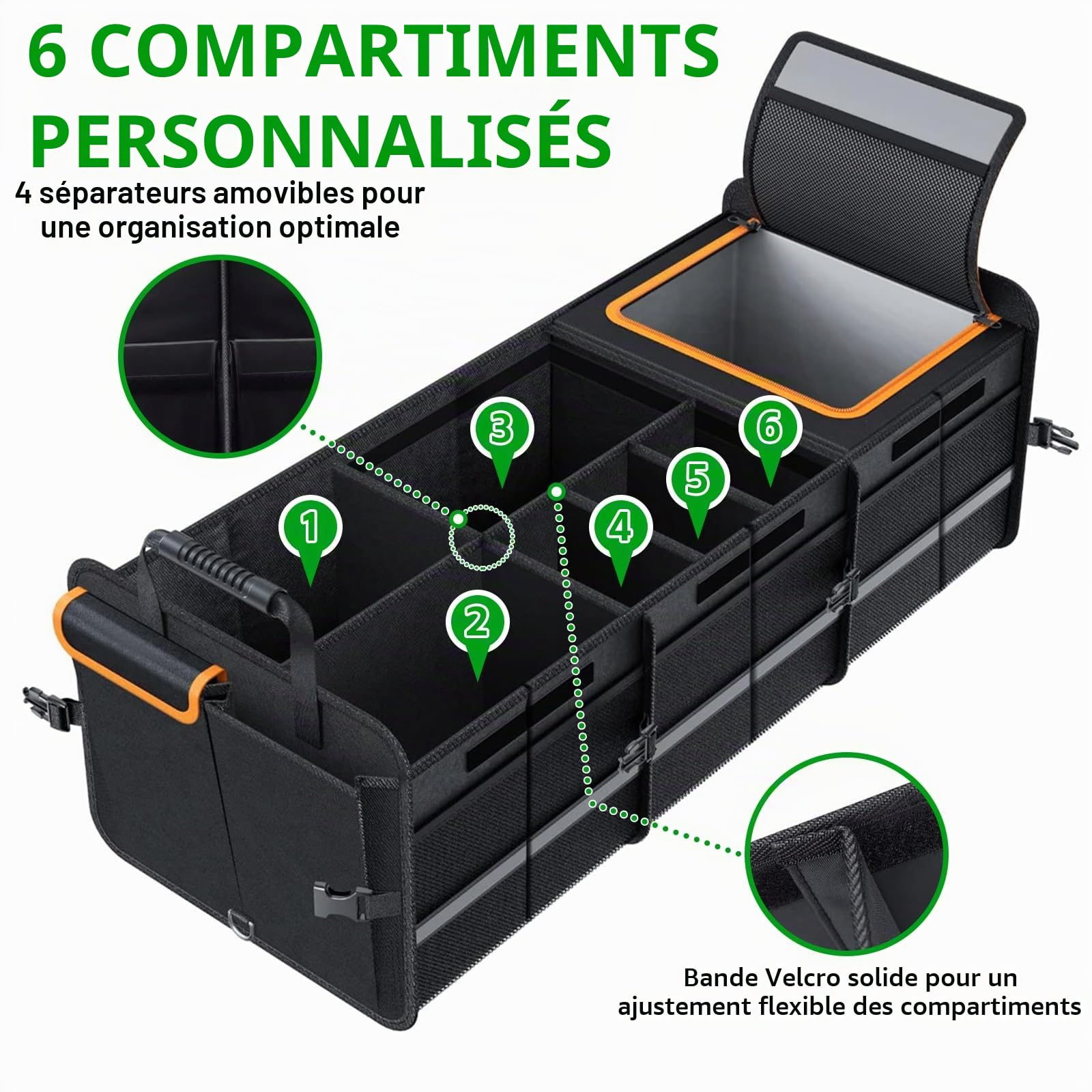 Organiseur de coffre de voiture avec sac isotherme, pliable, avec plusieurs compartiments, organiseur de coffre de voiture, housse pliable, sangles de sécurité réglables