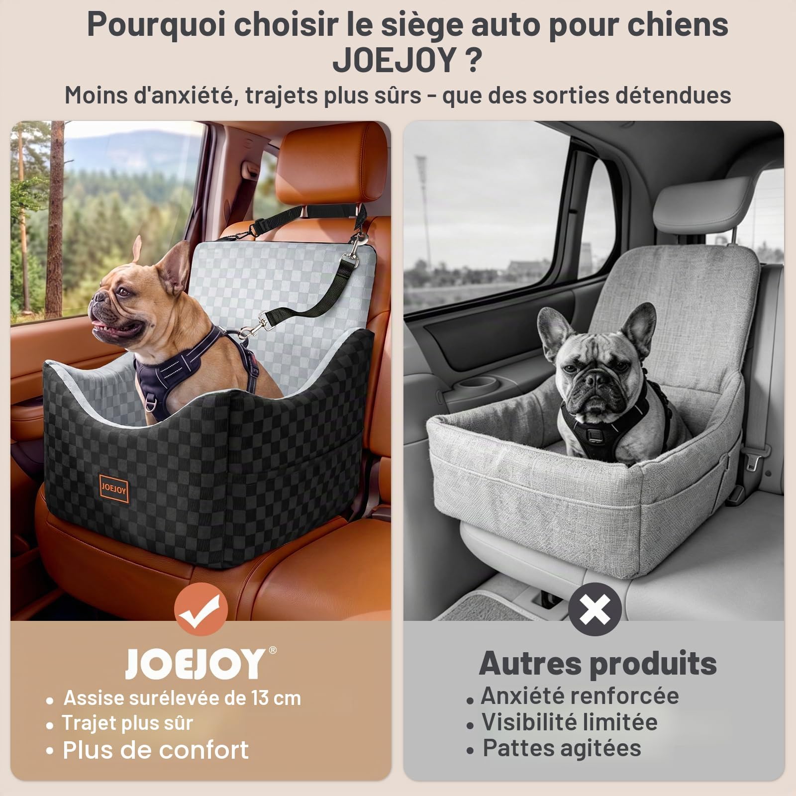 Siège Auto Chien, Extra Stable, pour Chiens de Petite à Moyenne Taille, Rembourrage en Mousse à mémoire de Forme,Housse Lavable,Coussin Double Face, pour siège arrière et siège Avant