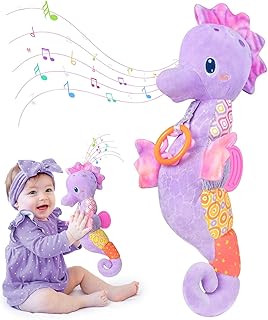 Baby Toys 0-6 Months,Infant Musical Seahorse Stuffed Animals Sensory Toys with Bright Colors,Multiple Textures,Rattles & Crinkle Sound Paper,Tummy Time Toy for Newborn Boys Girls 0-12 Months-Purple