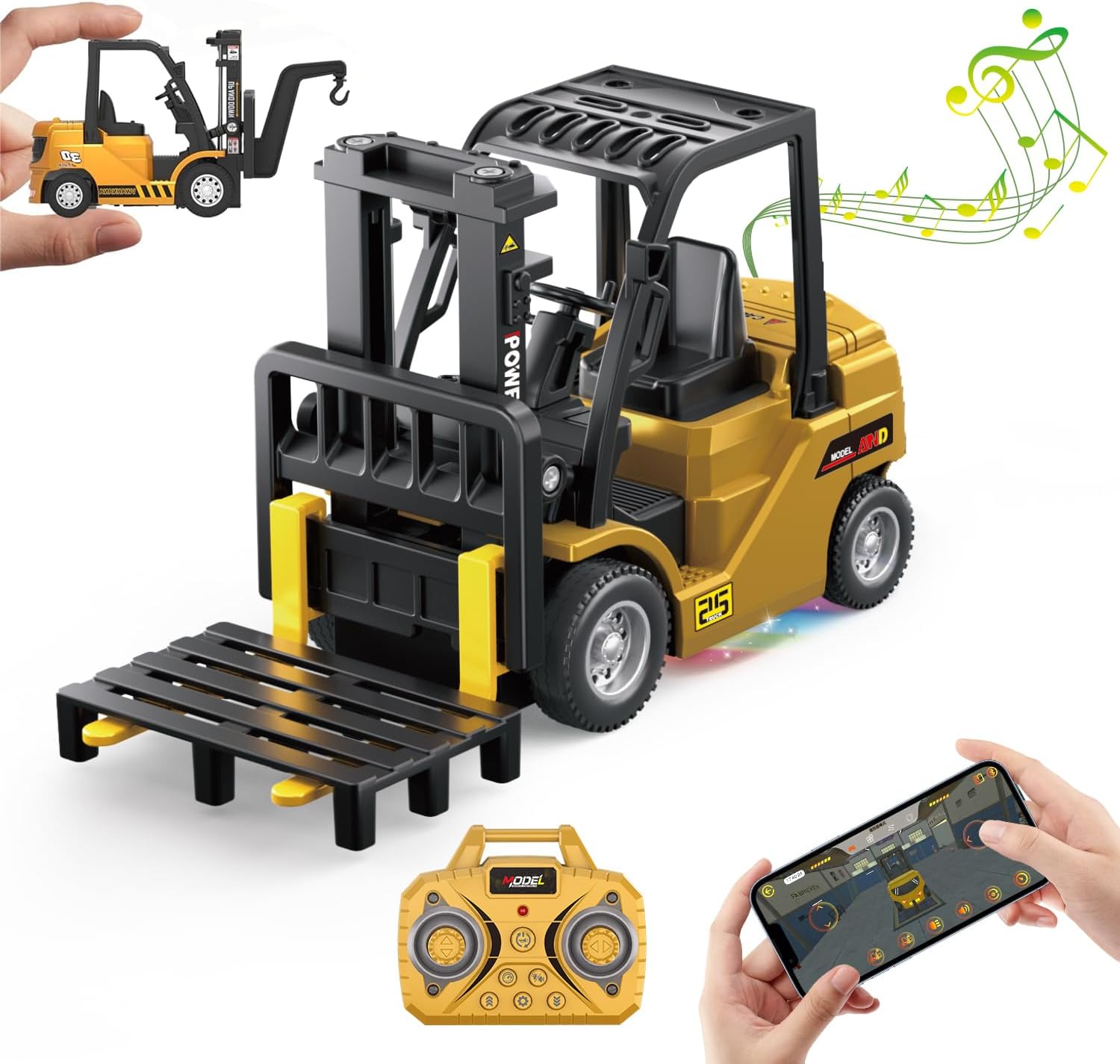 1/64 RC Forklift Toy,Mini Forklift Remote Control & Phone App Controled,2-in-1 Transformable Lift Fork & Hook,10CH Alloy RC Construction Vehicles With Lights & Sounds,Toy Gift for Teens,Adults