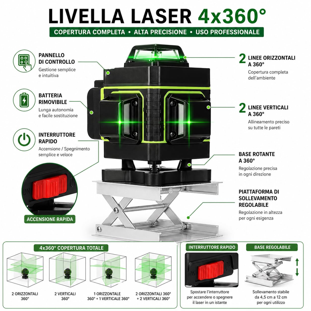 Livella Laser 4D Autolivellante 360° con 16 Linee Verdi, Sistema di Allineamento 3° Automatica, 2 Batterie Incluse, Supporto Girevole, Treppiede Regolabile fino a 1,2m, Telecomando e Valigetta