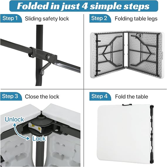6FT Plastic Folding Table - Portable, Foldable Indoor/Outdoor Fold Up Table for Eating, Camping and Party, White